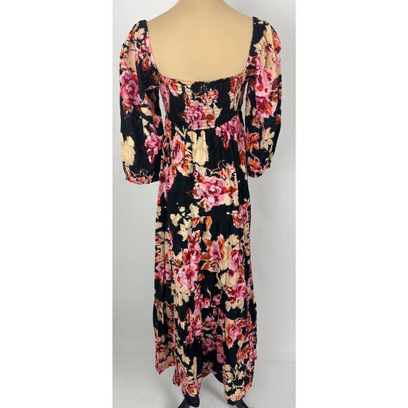 Anthropologie Size XS S Blossom Black Floral Maxi Dress Puff sleeves Smocked - Picture 7 of 13